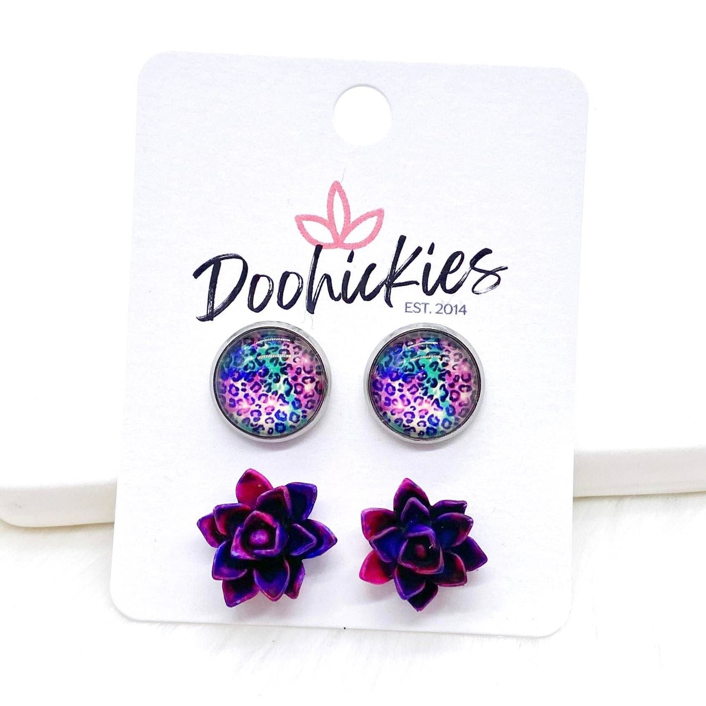 12mm Bright Leopard & Magenta Succulents in Stainless Steel Settings -Stud Earrings by Doohickies Wholesale