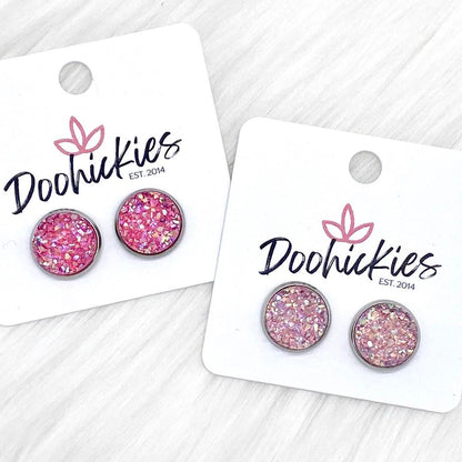 12mm AB Pink Sparkle Singles in Stainless Steel Settings -Earrings by Doohickies Wholesale