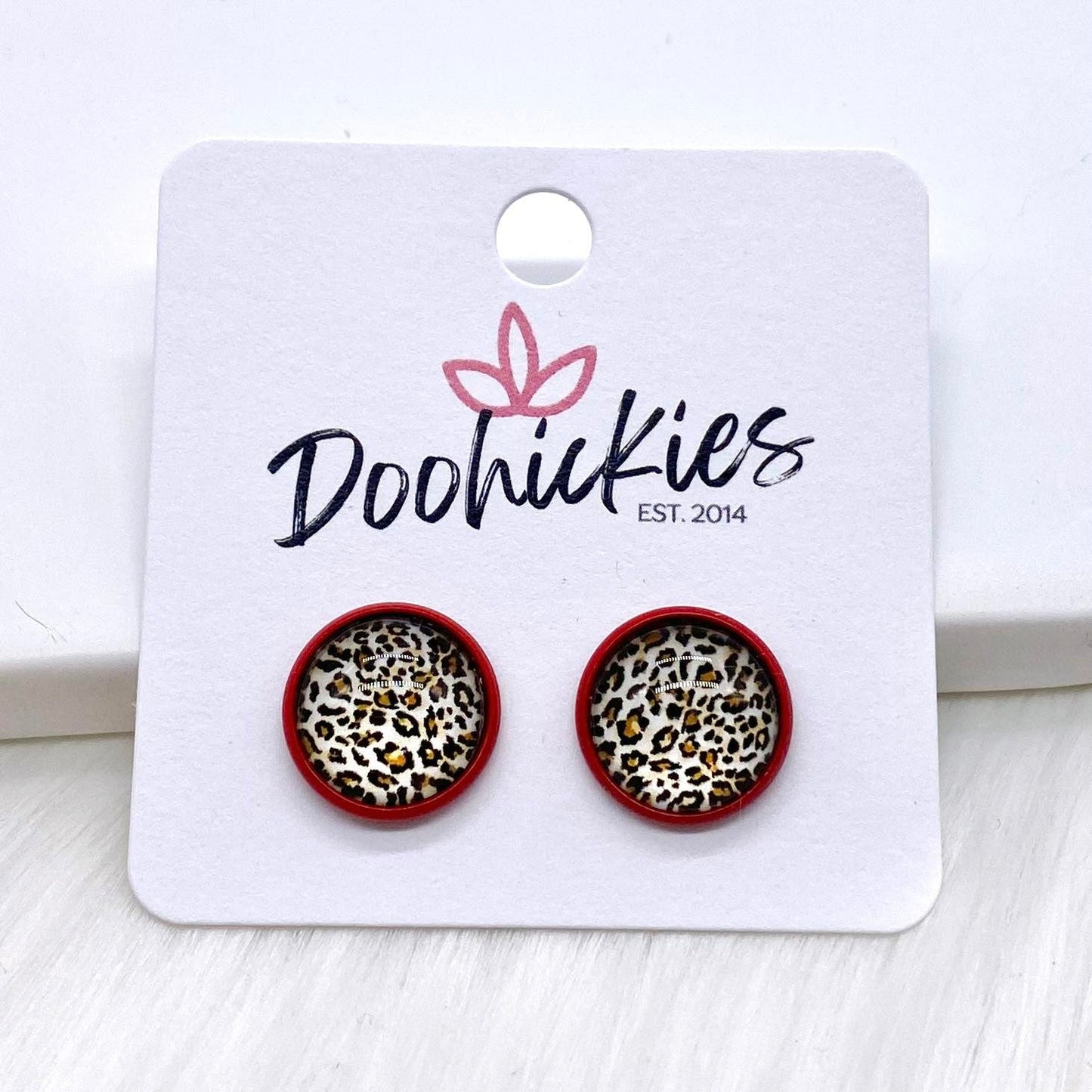 12mm Leopard Singles in Red Settings -Earrings by Doohickies Wholesale