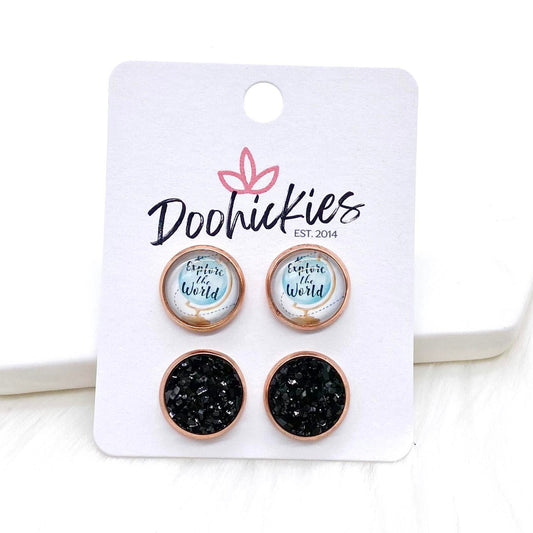 12mm Explore The World & Black in Rose Gold Settings -Earrings by Doohickies Wholesale