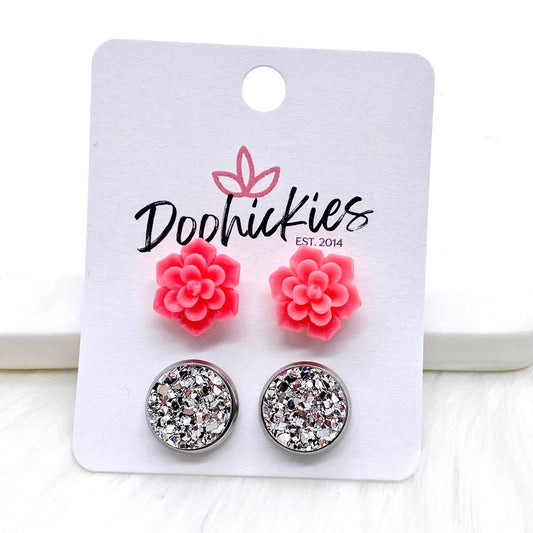 12mm Hot Pink Succulents & Silver in Stainless Steel Settings -Earrings by Doohickies Wholesale