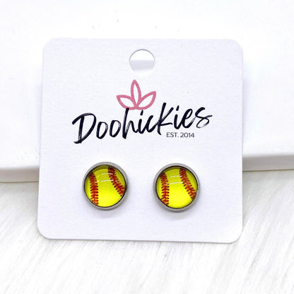 New Softballs in Stainless Steel Settings -Sports Earrings by Doohickies Wholesale