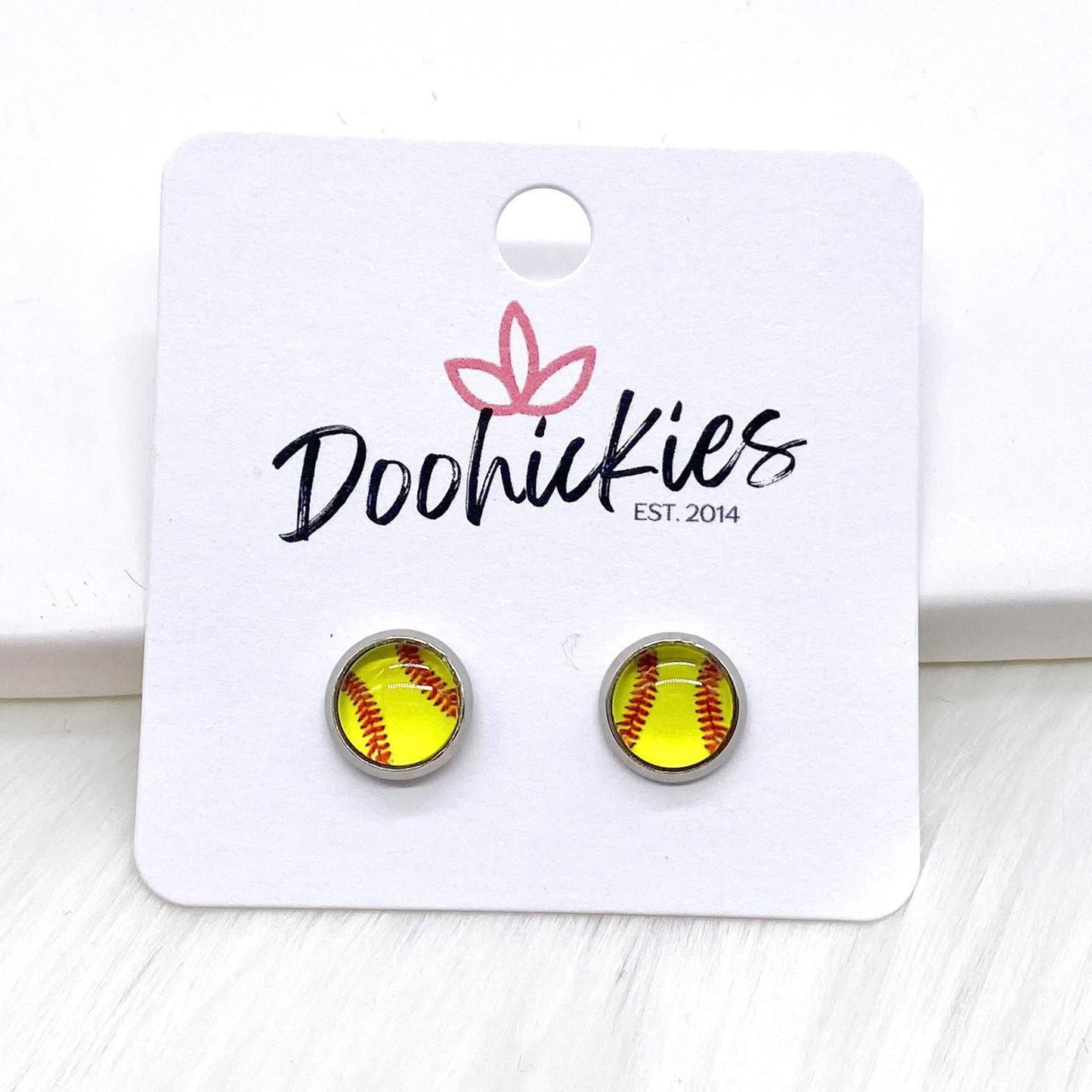 New Softballs in Stainless Steel Settings -Sports Earrings by Doohickies Wholesale