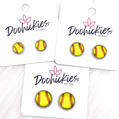 New Softballs in Stainless Steel Settings -Sports Earrings by Doohickies Wholesale