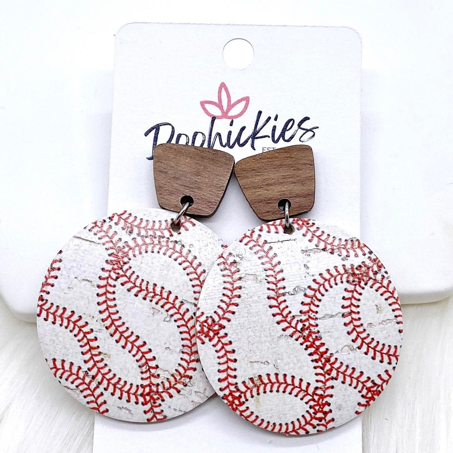 2" Walnut & Baseball/Softball Piggyback Corkies -Sports Earrings by Doohickies Wholesale