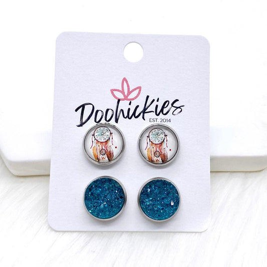 12mm Dream Catchers & Teal Sparkles in Stainless Steel Settings -Earrings by Doohickies Wholesale