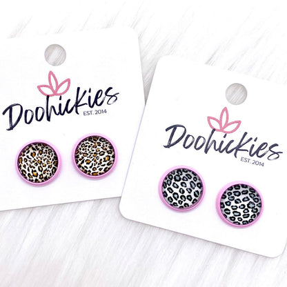 12mm Leopard Singles in Bright Pink Settings -Earrings by Doohickies Wholesale