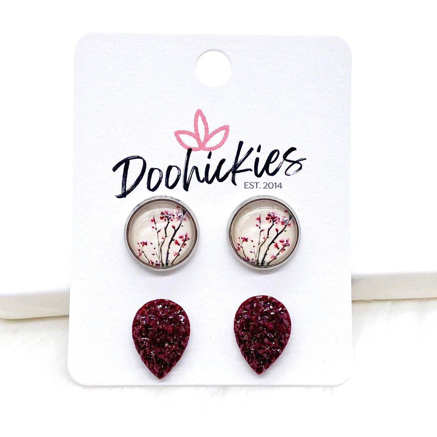 12mm Cherry Blossom & Burgundy Teardrops in Stainless Steel Settings -Fall Stud Earrings by Doohickies Wholesale