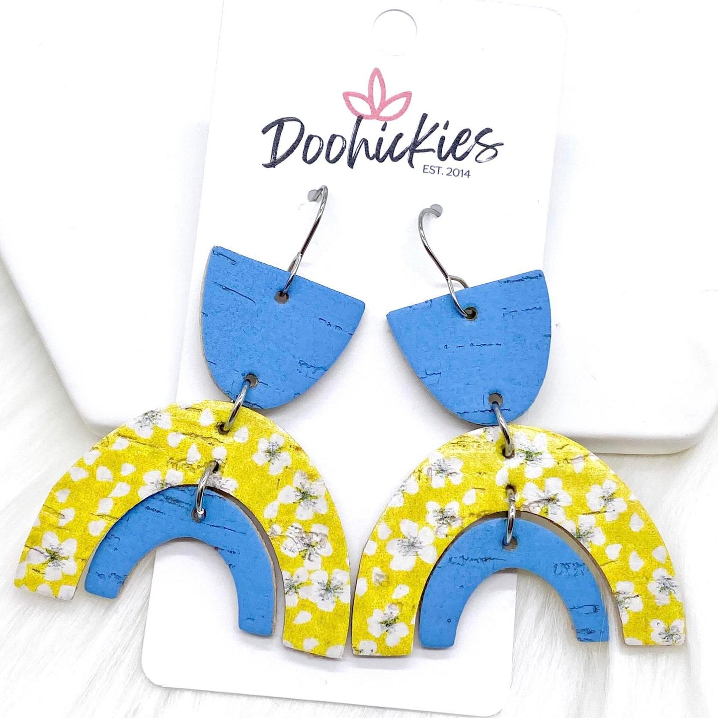 2.5" Blue/Yellow Floral/Blue April Corkies -Summer Earrings by Doohickies Wholesale