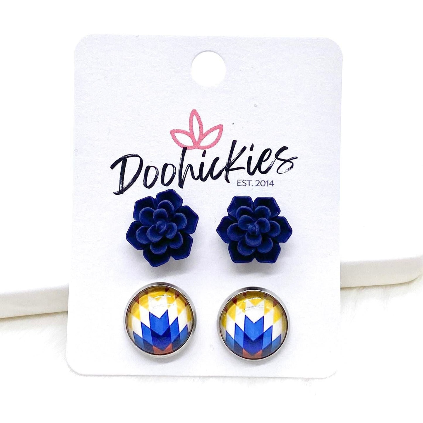 12mm Navy Succulents & Starburst in Stainless Steel Settings -Fall Stud Earrings by Doohickies Wholesale