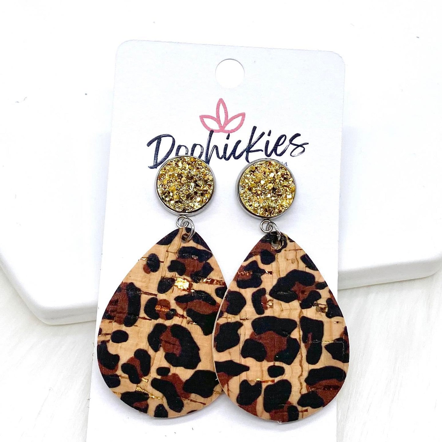 2" Gold & Metallic Gold Leopard Dangle Corkies -Earrings by Doohickies Wholesale