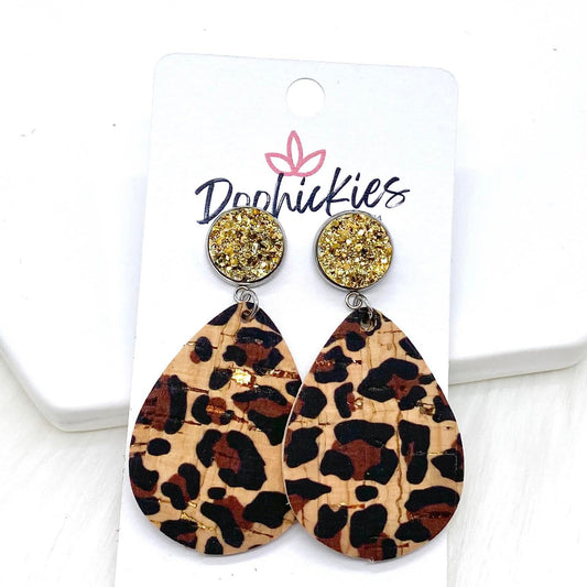 2" Gold & Metallic Gold Leopard Dangle Corkies -Earrings by Doohickies Wholesale