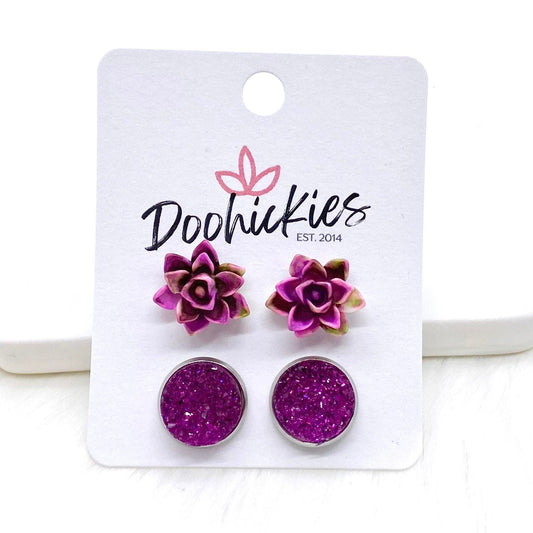 12mm Magenta/Green Succulents & Magenta Sparkles in Stainless Steel Settings -Earrings by Doohickies Wholesale