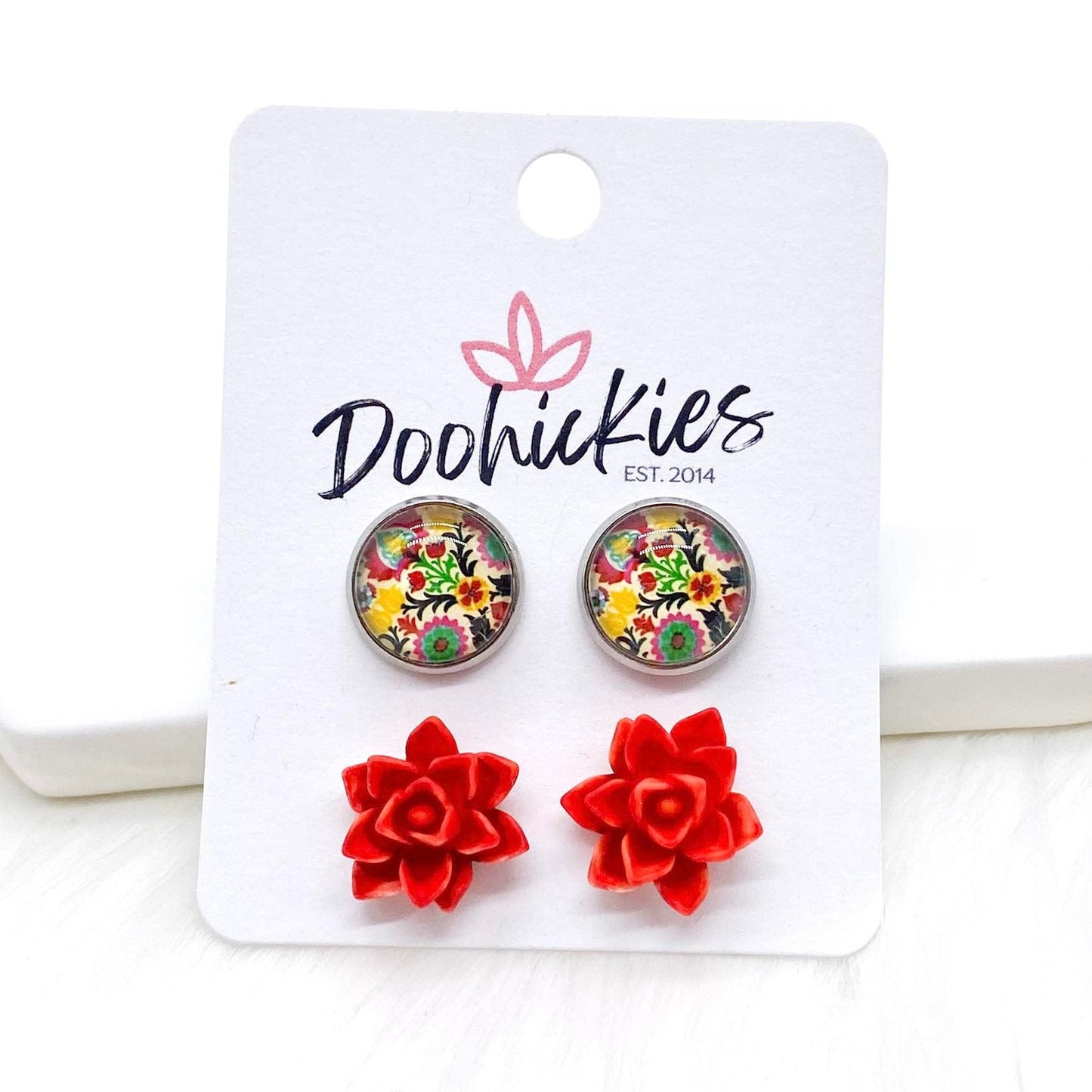 12mm Mustard Floral & Red Succulents in Stainless Steel Settings -Earrings by Doohickies Wholesale