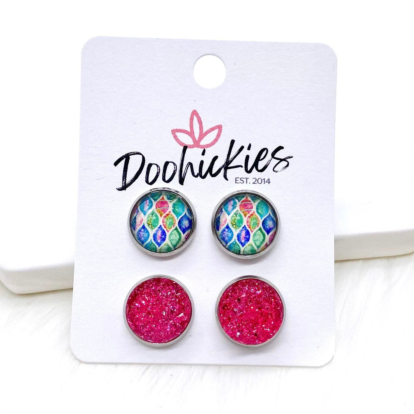 12mm Bright Abstract & Hot Pink Sparkles in Stainless Steel Settings -Summer Earrings by Doohickies Wholesale