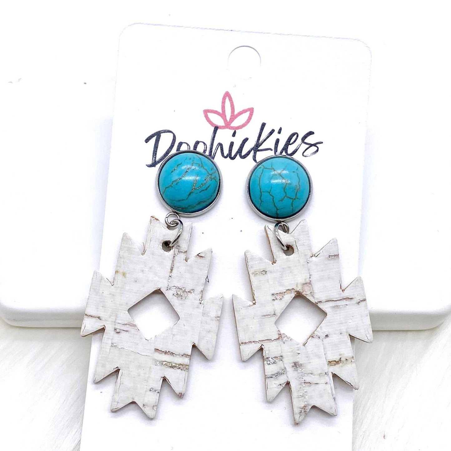 2" Blue Turquoise & White Linen Lil’ Aztec Dangle Corkies -Earrings by Doohickies Wholesale