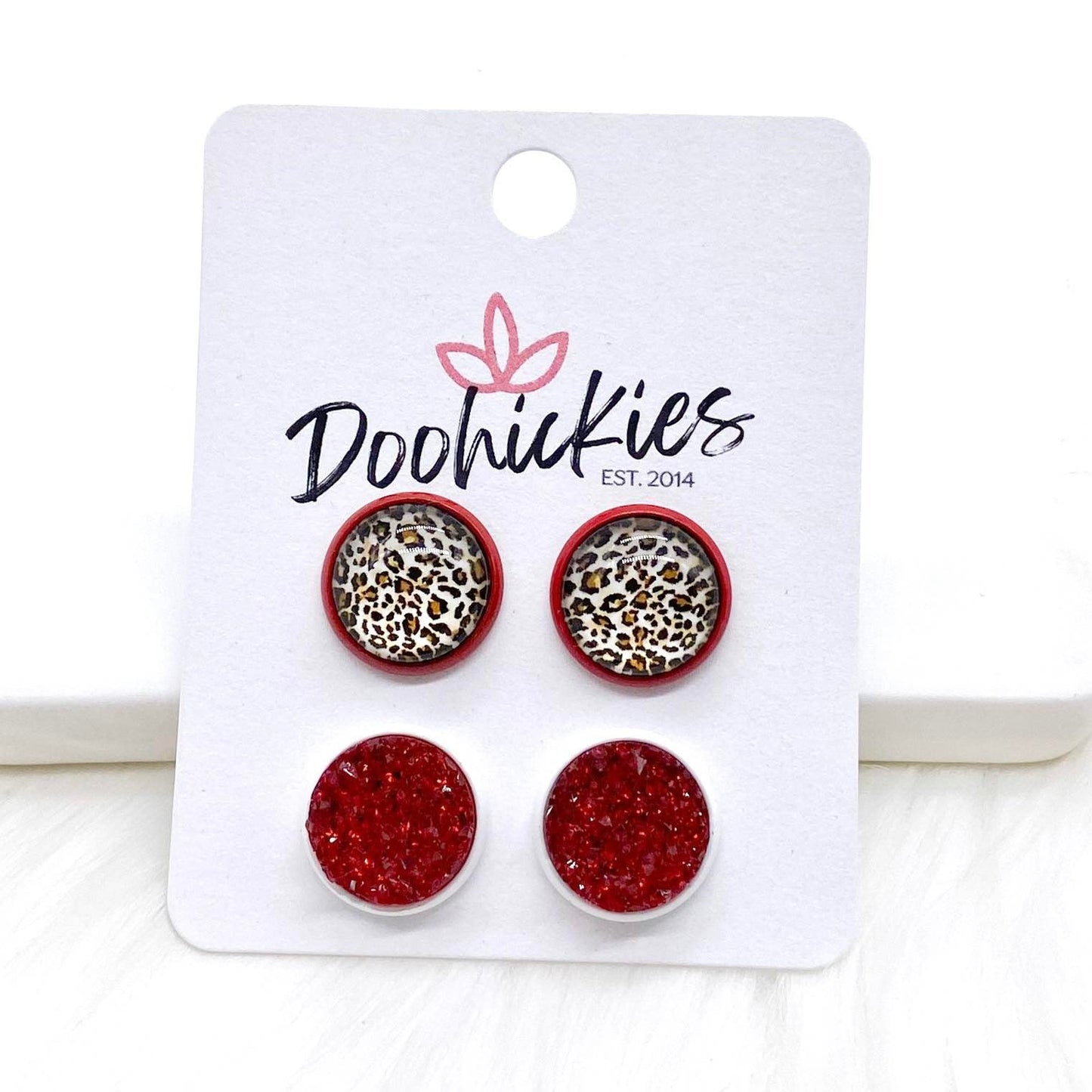 12mm Tan Leopard & Red Sparkles in Red/White Settings -Earrings by Doohickies Wholesale