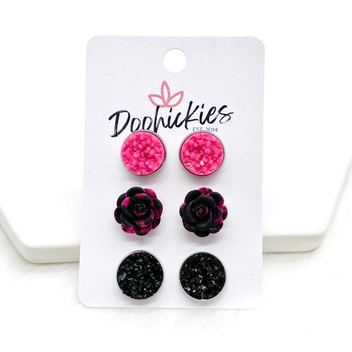 12mm Pink Crystals/Pink & Black Roses/Black in Stainless Steel Settings -Earrings by Doohickies Wholesale