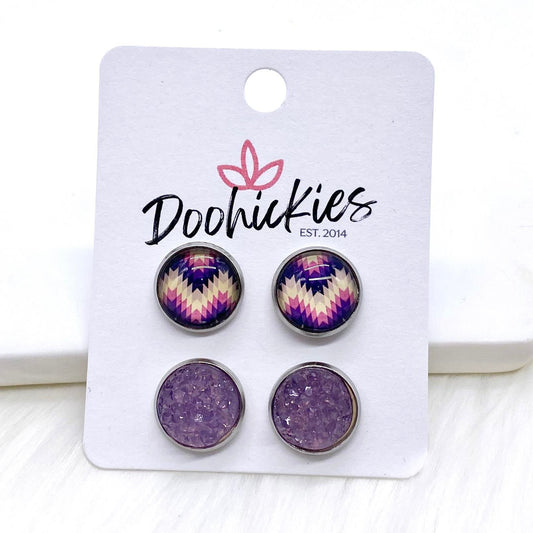 12mm Purple Zigzag & Frosted Purple Sparkles in Stainless Steel Settings -Earrings by Doohickies Wholesale