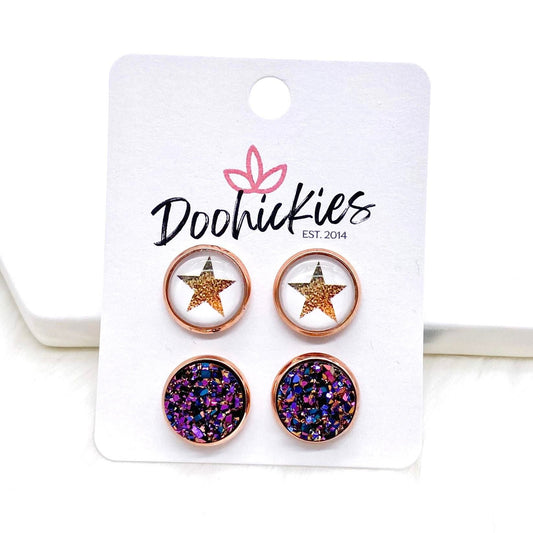 12mm Rose Gold Stars & Iridescent Rose Gold in Rose Gold Settings -Earrings by Doohickies Wholesale