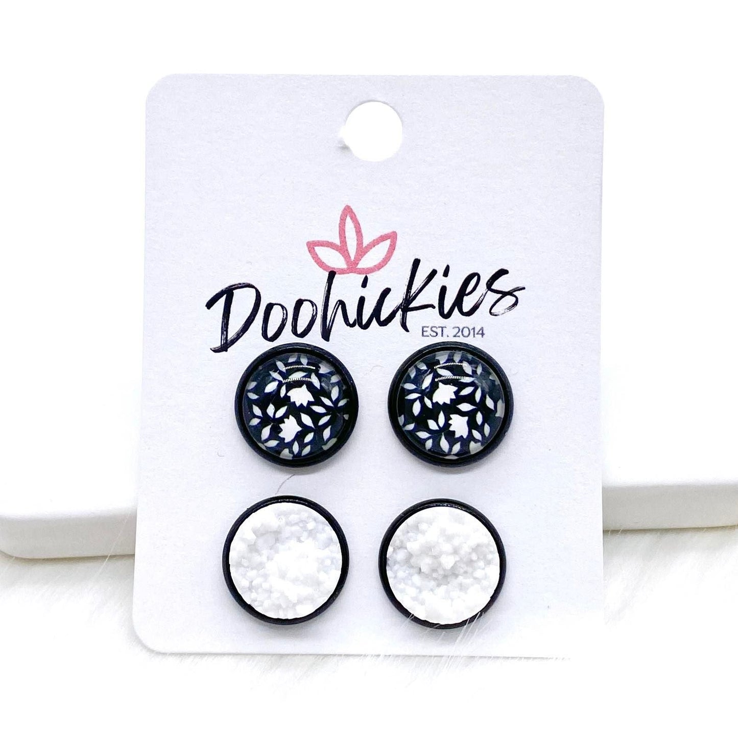 12mm Black/White Floral & White in Black Settings -Earrings by Doohickies Wholesale