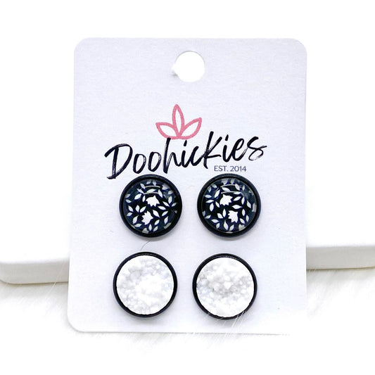 12mm Black/White Floral & White in Black Settings -Earrings by Doohickies Wholesale