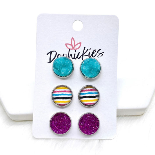 12mm Teal Ice/Funky Bright Lines/Magenta in Stainless Steel Settings -Summer Earrings by Doohickies Wholesale