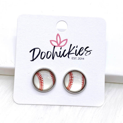 Vintage Baseball in Stainless Steel Settings -Sports Earrings by Doohickies Wholesale