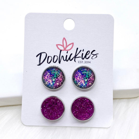 12mm Bright Leopard & Magenta Sparkles in Stainless Steel Settings -Summer Earrings by Doohickies Wholesale