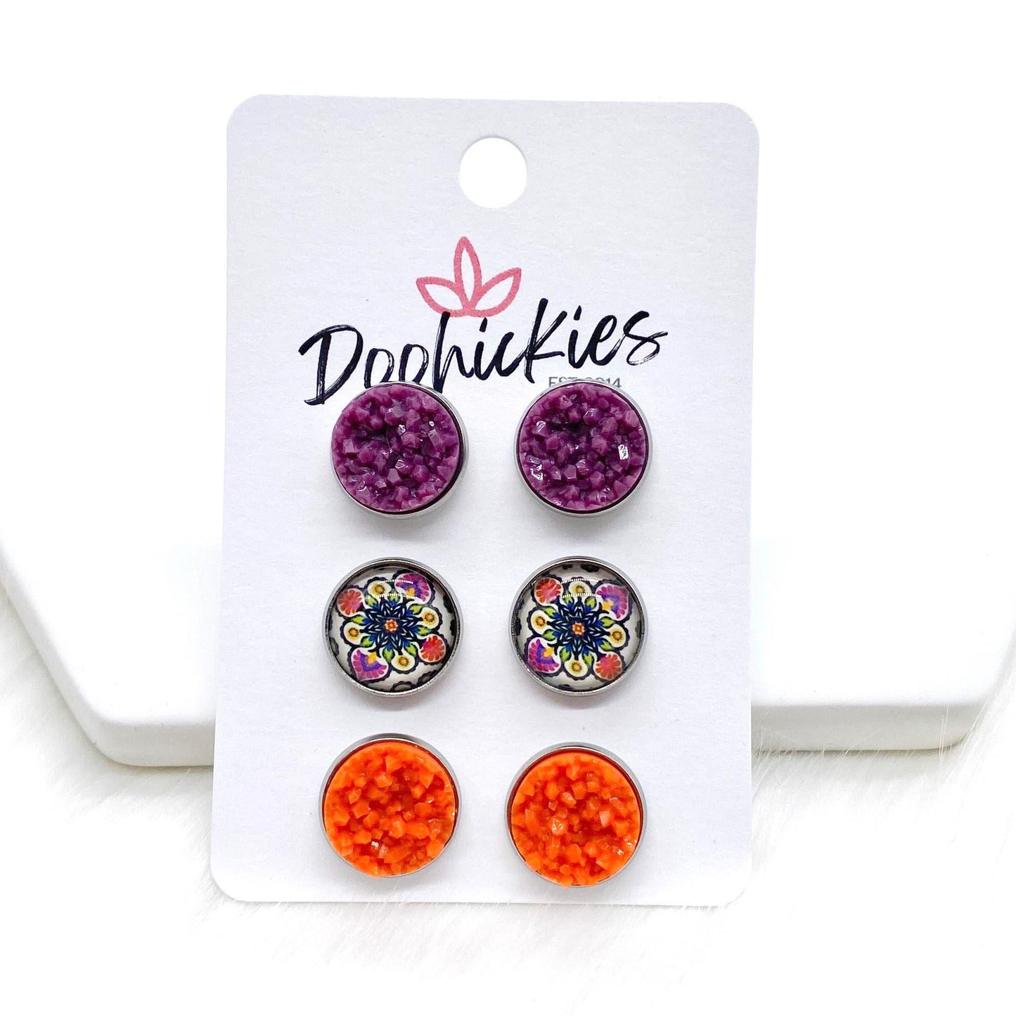 12mm Plum/Boho Autumn Flower/Orange in Stainless Steel Settings -Fall Stud Earrings by Doohickies Wholesale