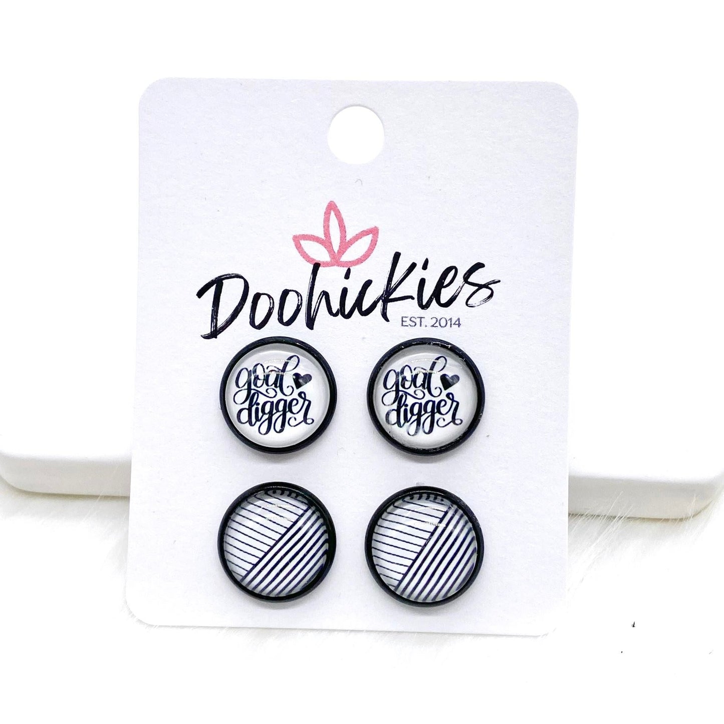 12mm Goal Digger & Black/White Lines in Black Settings -Earrings by Doohickies Wholesale