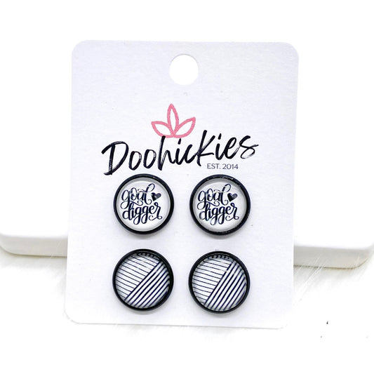 12mm Goal Digger & Black/White Lines in Black Settings -Earrings by Doohickies Wholesale