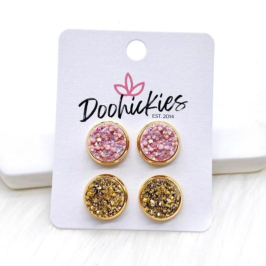 12mm Blush & Gold in Gold Settings -Earrings by Doohickies Wholesale