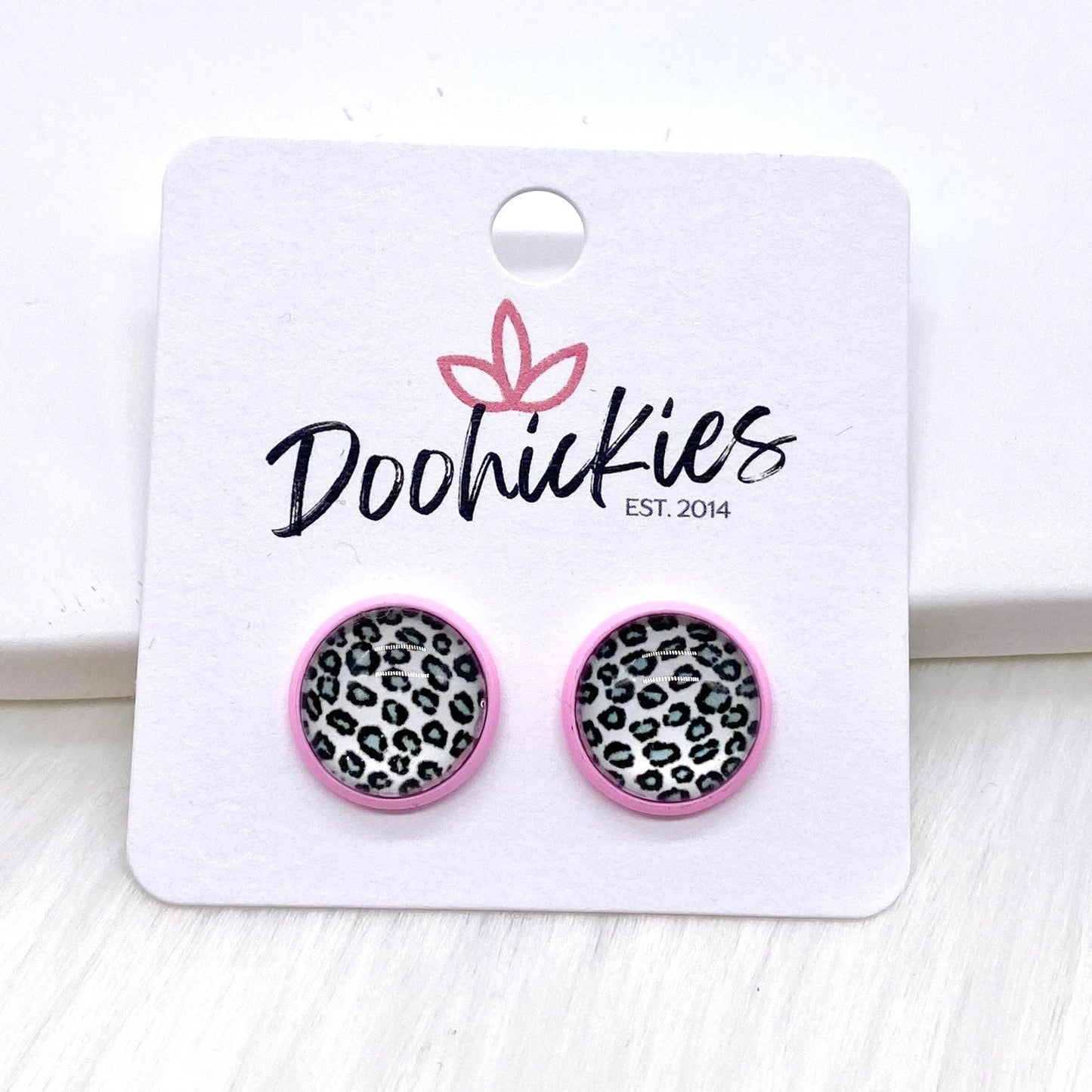 12mm Leopard Singles in Bright Pink Settings -Earrings by Doohickies Wholesale