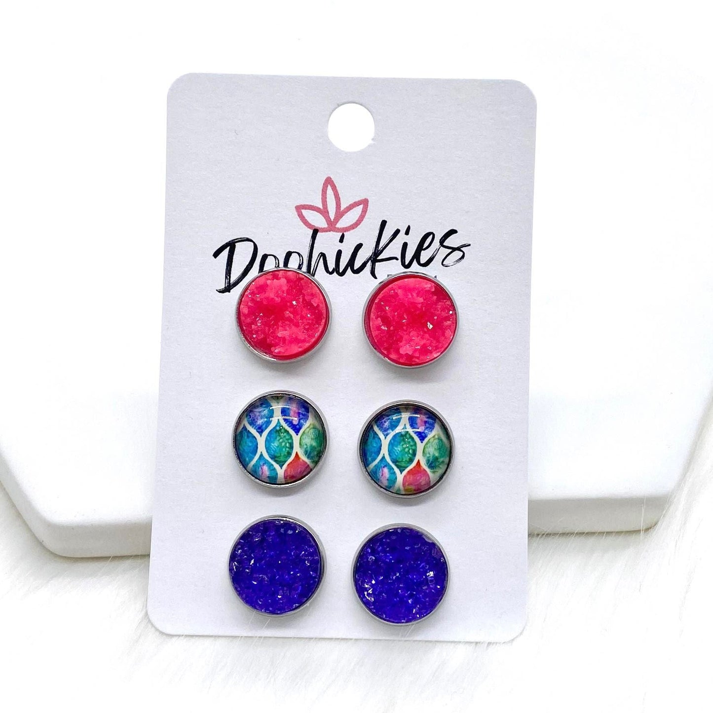 12mm Hot Pink Ice/Pastel Abstract/Purple Sparkles in Stainless Steel Settings -Earrings by Doohickies Wholesale