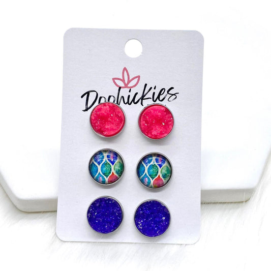 12mm Hot Pink Ice/Pastel Abstract/Purple Sparkles in Stainless Steel Settings -Earrings by Doohickies Wholesale