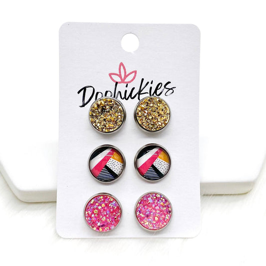 12mm Gold/Funky Abstract/Medium Pink in Stainless Steel Settings -Earrings by Doohickies Wholesale