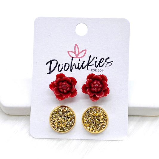 12mm Red Flowers & Gold in Gold Settings -Earrings by Doohickies Wholesale