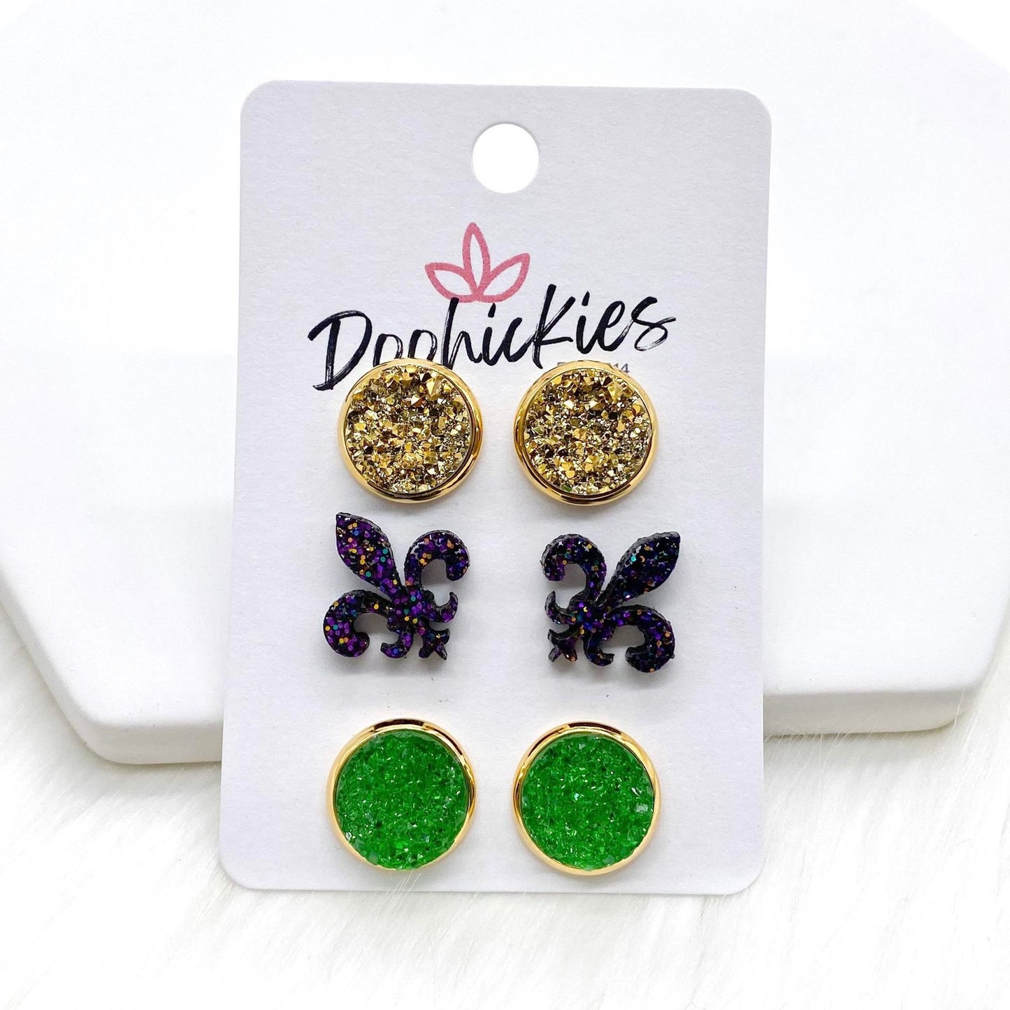 12mm Gold/Fleur de Lis/Green Sparkles in Gold Settings -Earrings by Doohickies Wholesale