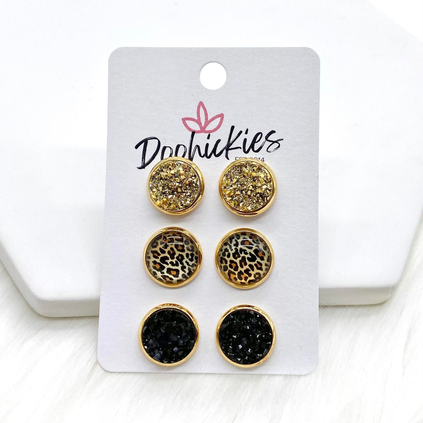 12mm Gold/Golden Leopard/Black in Gold Settings -Earrings by Doohickies Wholesale