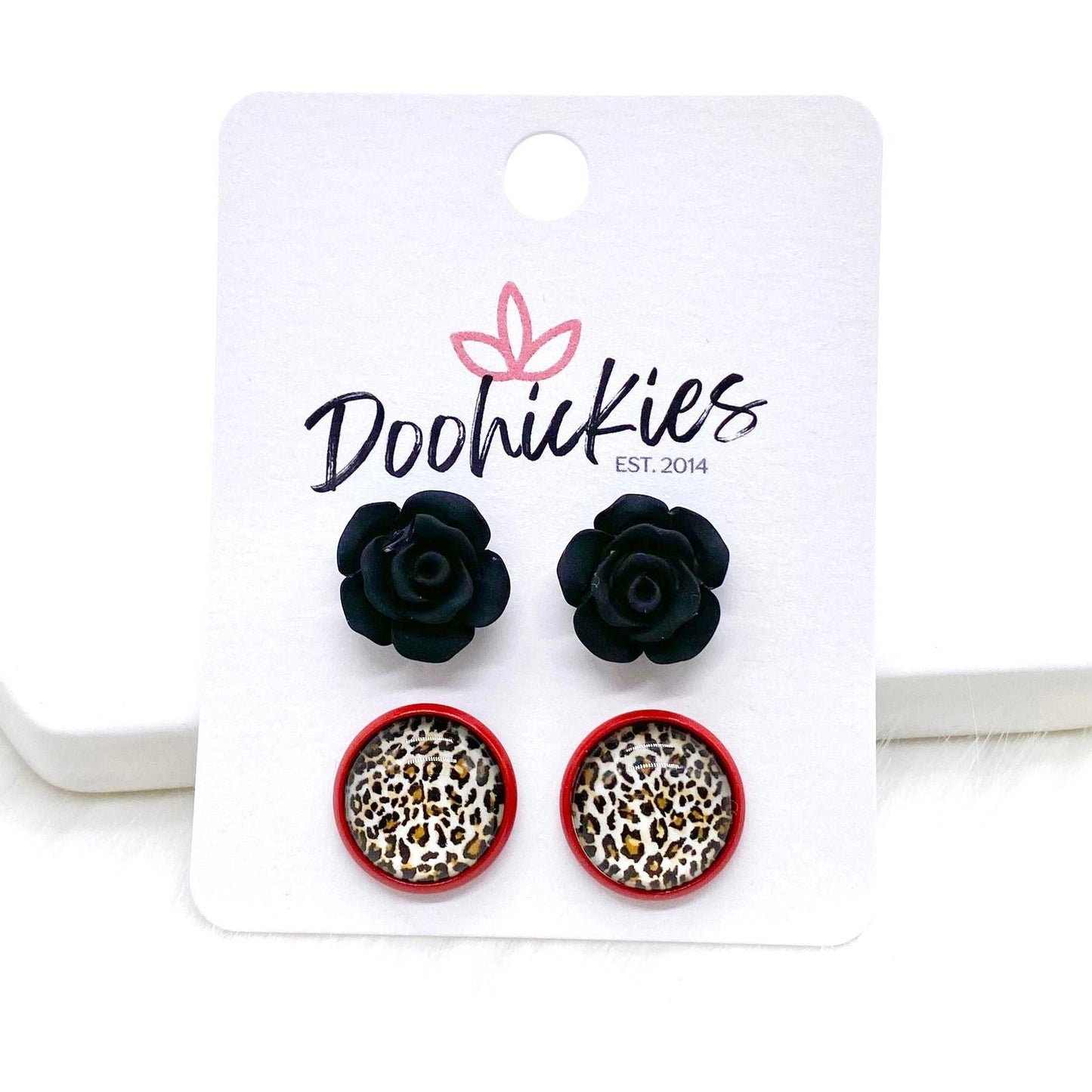 12mm Black Roses & Tan Leopard in Red Settings -Earrings by Doohickies Wholesale