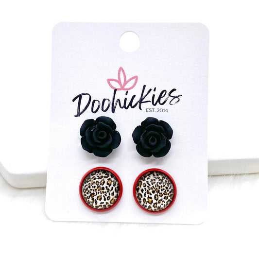 12mm Black Roses & Tan Leopard in Red Settings -Earrings by Doohickies Wholesale