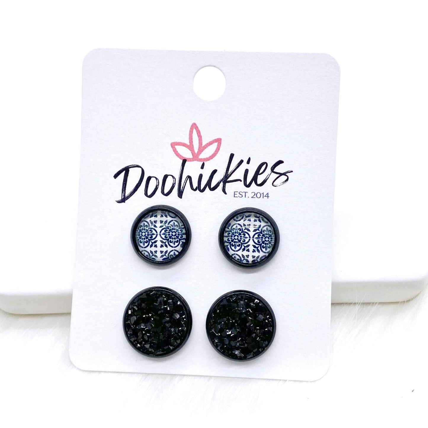 10mm Black Floral & 12mm Black in Black Settings -Earrings by Doohickies Wholesale