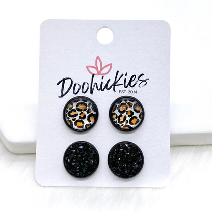 12mm Metallic Leopard Duos in Black Settings -Earrings by Doohickies Wholesale