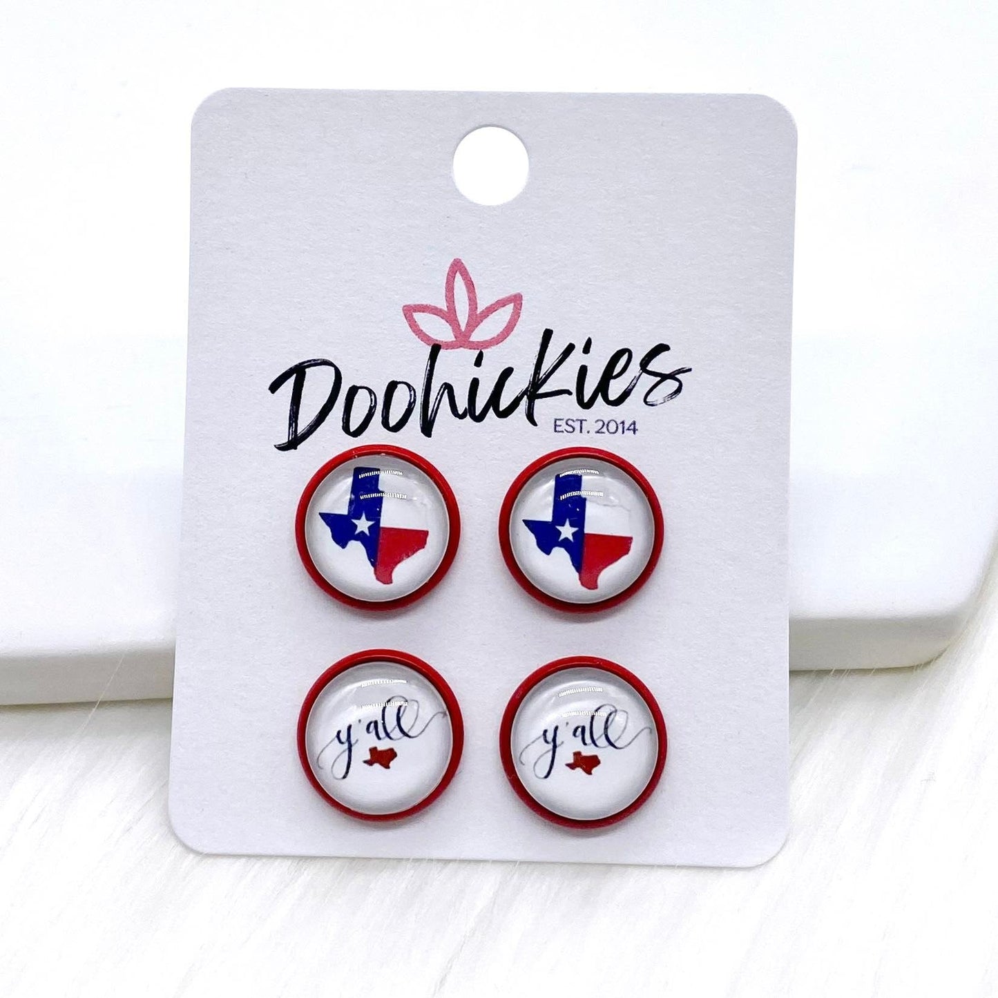 12mm The Lone Star State & Y'all in Red Settings -Earrings by Doohickies Wholesale