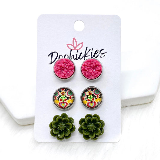 12mm Deep Pink Crystals/Yellow & Olive Floral/Olive Flowers in Stainless Steel Settings -Earrings by Doohickies Wholesale