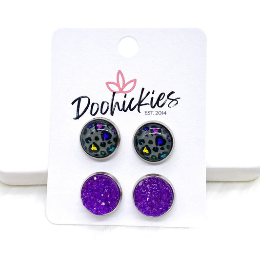 12mm Rainbow Leopard Hearts & Purple Sparkles in Stainless Steel Settings -Earrings by Doohickies Wholesale