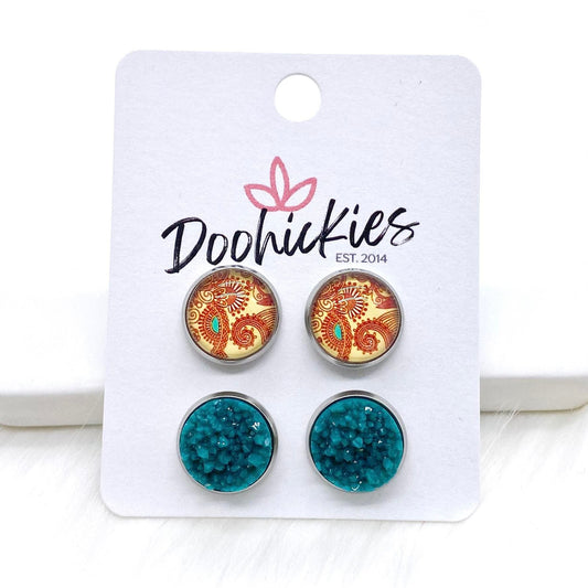 12mm Red Paisley & Teal Crystals in Stainless Steel Settings -Fall Stud Earrings by Doohickies Wholesale