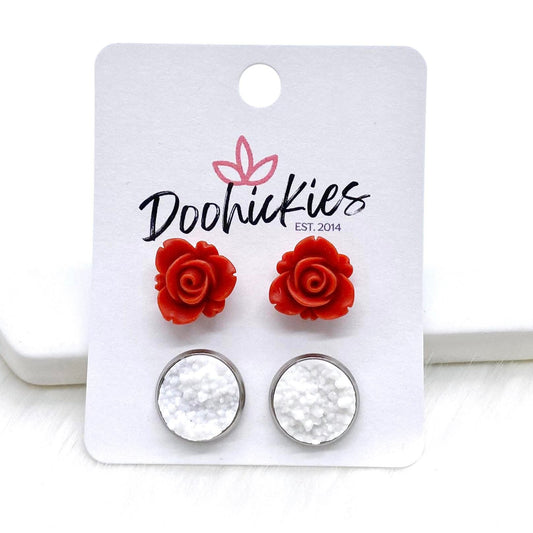 12mm Red Blooming Roses & White in Stainless Steel Settings -Earrings by Doohickies Wholesale