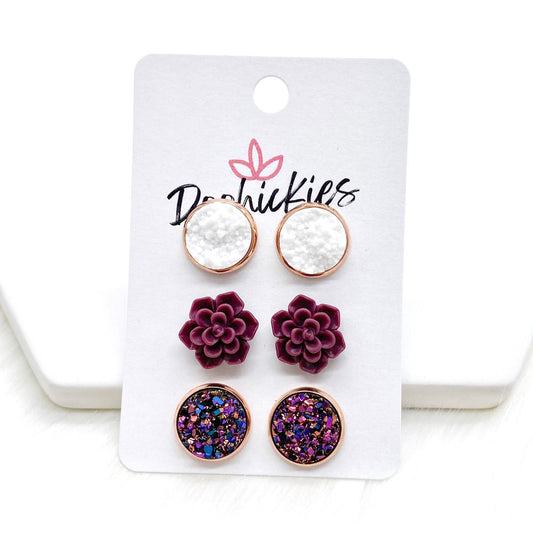 12mm White/Burgundy Succulents/Iridescent Rose Gold in Rose Gold Settings -Earrings by Doohickies Wholesale
